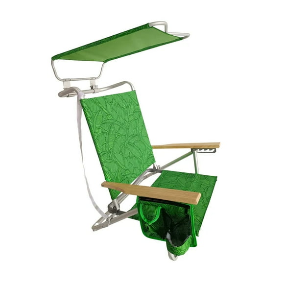 Bliss Hammocks Folding Beach Chair Recliner with Canopy, Green Banana Leaves