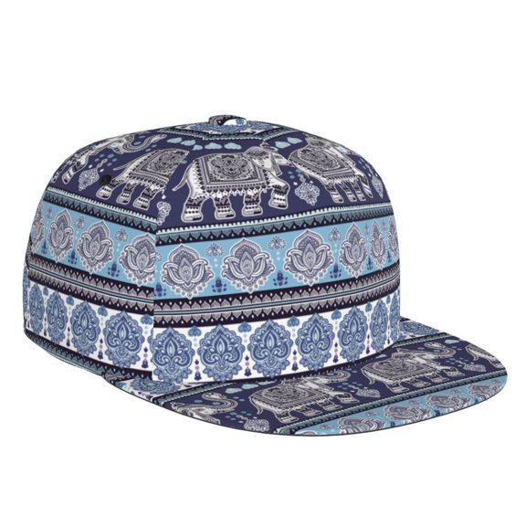 Flat Bill Trucker Hats for Women Men - Vintage Indian lotus elephant blue Adjustable Flat Baseball Cap Snapback Hats Dad Hats for Men