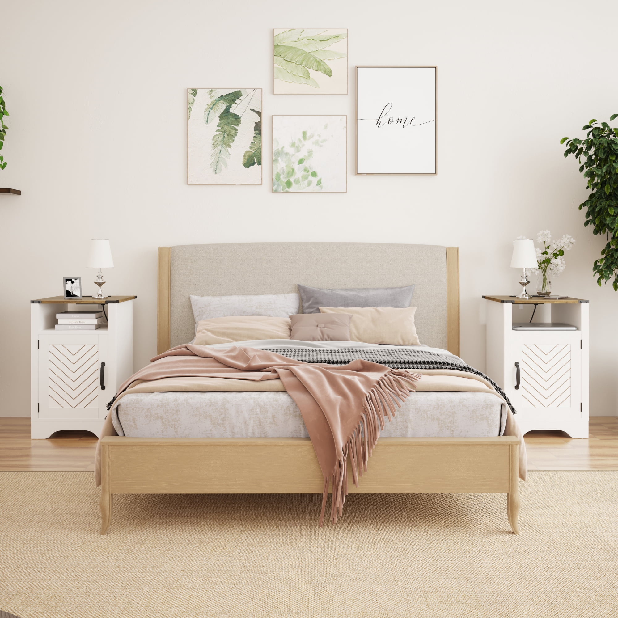 CozyHom Modern Farmhouse USB Nightstand Set of 2 With Storage Cabinet, End Side Table With Charging Station For Bedroom, Brown And White