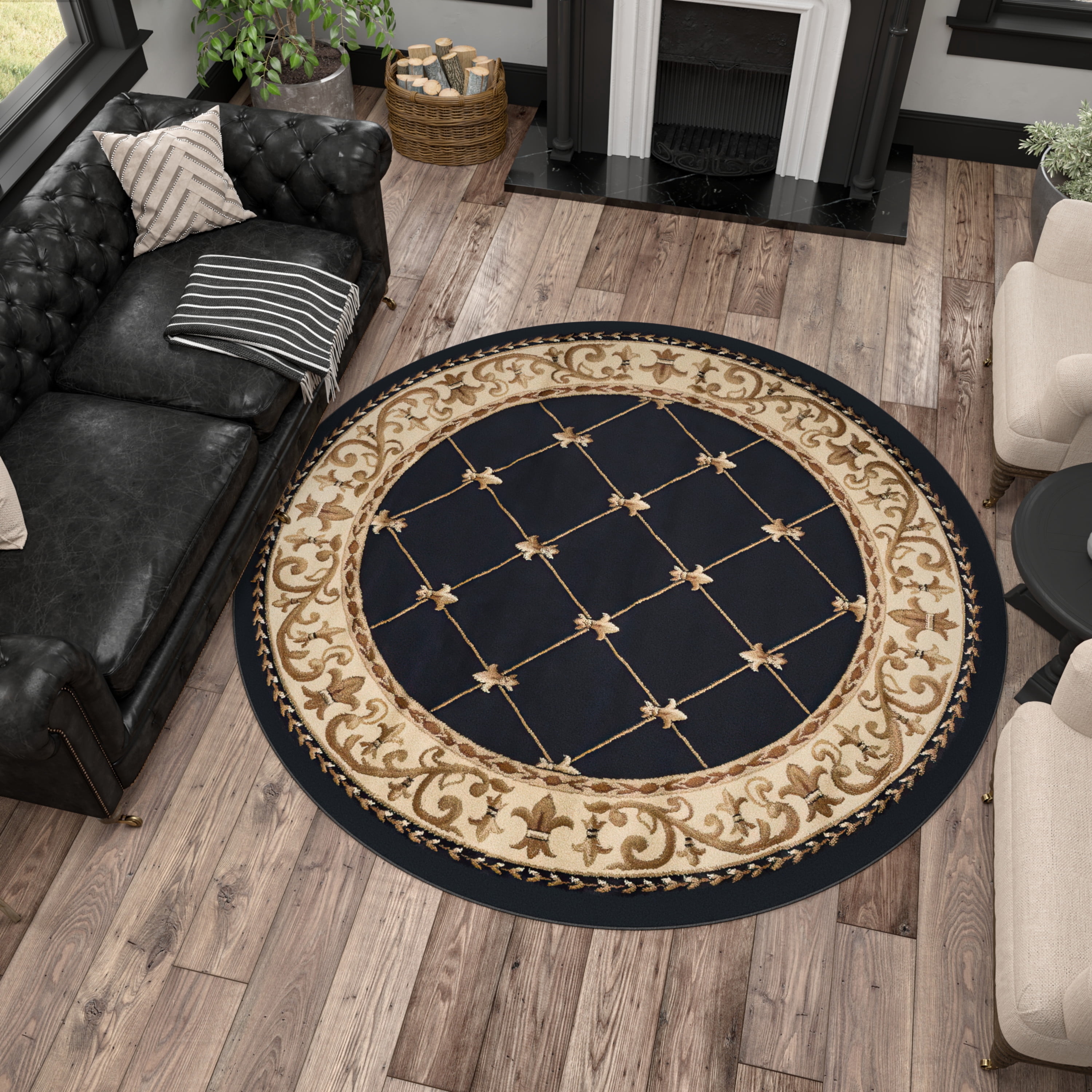 Sensation Traditional 5' Round Black and Beige Polypropylene Indoor Area Rug
