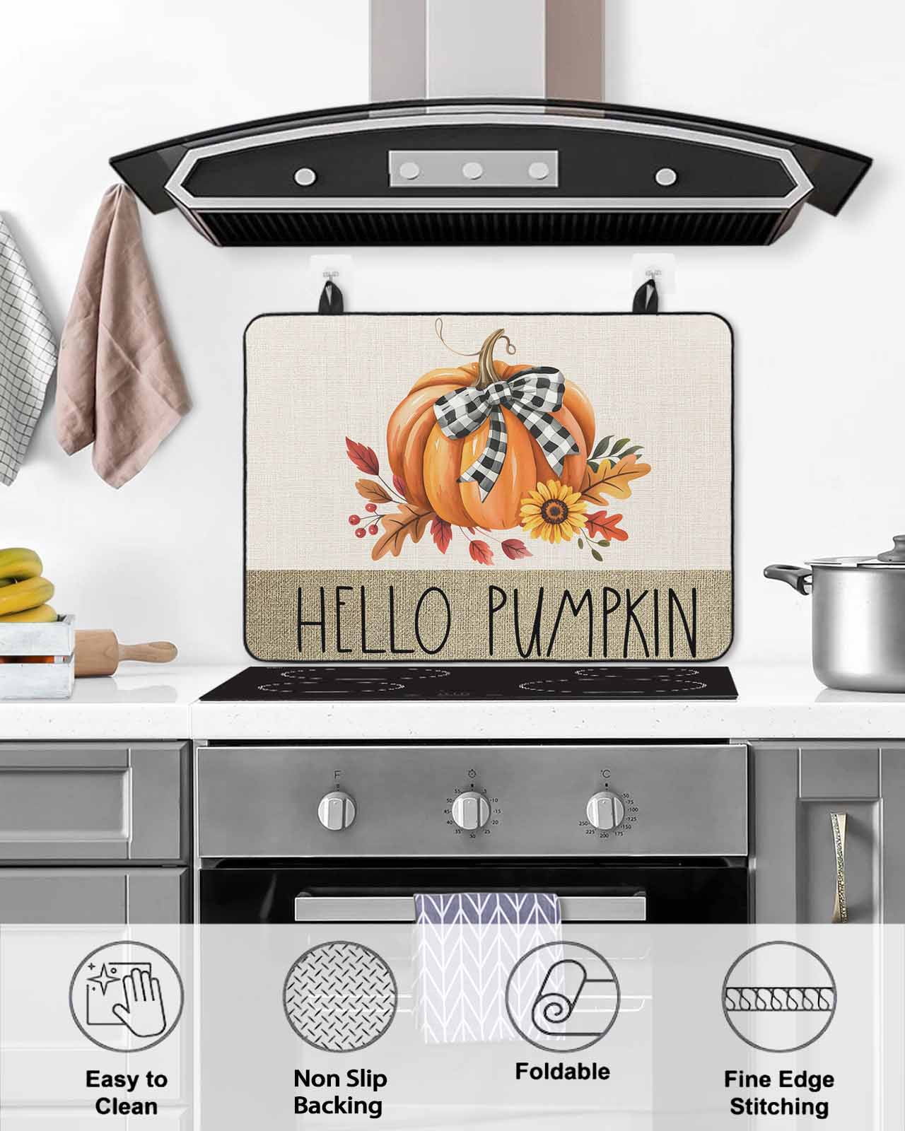 Large Induction Cooktop Protector Mat Thanksgiving Stove Top Covers for Electric Stove, Farmhouse Retro Orange Pumpkin Flowers Decorative Stove Burner Cover Mats, Glass Top Stove Cover