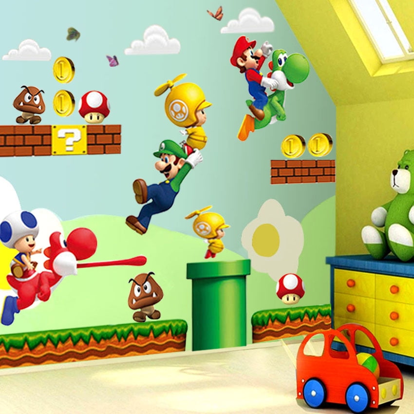LARGE PERSONALISED MARIO BROS KART CHILDRENS BEDROOM WALL STICKER TRANSFER DECAL 
