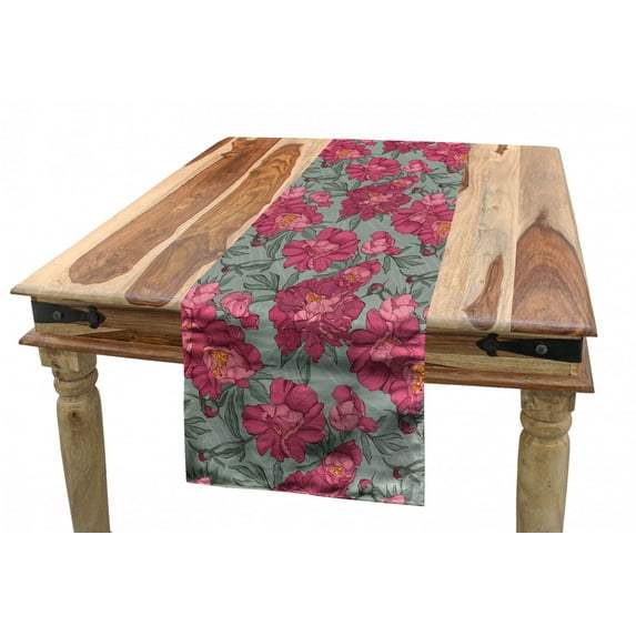 Floral Table Runner, Close up of Budding Peony Flowers and Leaves, Dining Room Kitchen Rectangular Runner, 3 Sizes, by Ambesonne