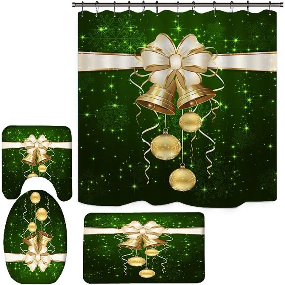 4pcs Merry Christmas Shower Curtain Sets,Waterproof Bath Curtain with 12 Hooks,Base Mat,Toilet Mat,Floor Mat,Bathroom Set