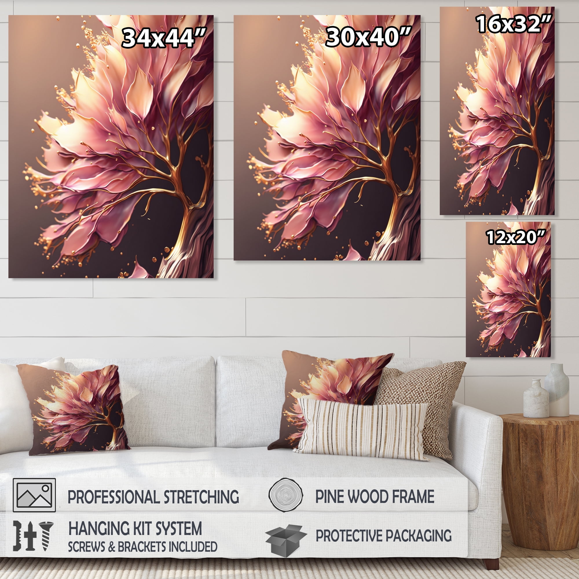 Designart Abstract Pink And Gold Leaves IV Canvas Wall Art