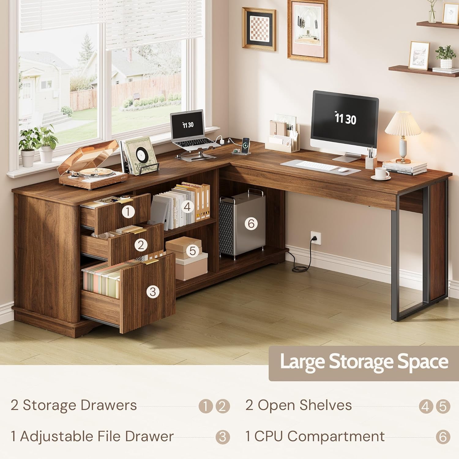 Vividwood 63" L Shaped Desk with Lift Top, Power Outlets, 3 Fluted Design Drawers, Storage Shelves, CPU Stand for Home Office (Light Walnut)