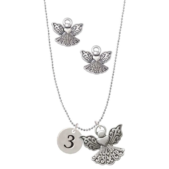 Delight Jewelry Silvertone Disc 1/2'' Number - 3 - Silver tone Guardian Angel Charm Necklace and Stud Earrings