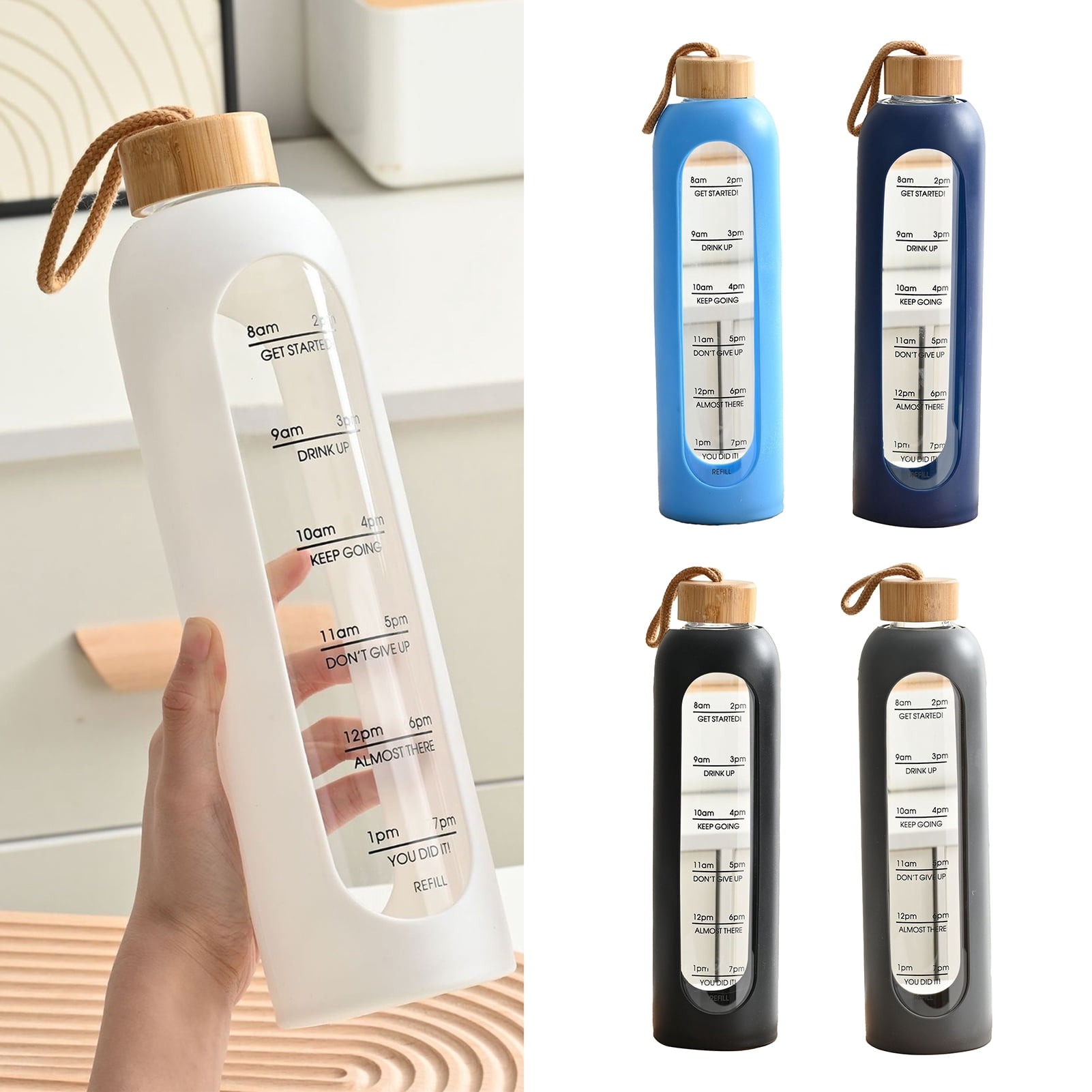 Jkung Glass Water Bottle 1 Liter Capacity Drinking Bottle with Time Mark Silicone Sleeve Leak-Proof Spout Lid Wide Mouth Water Cup
