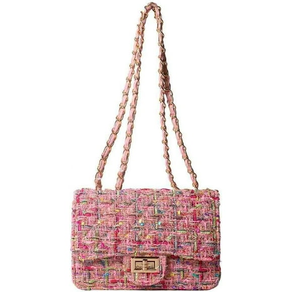 Sac Carré en Tweed à Carreaux pour Femmes, Grande Capacité Sac à Bandoulière Matelassé Brodé, Sac à Main en Laine pour Dames