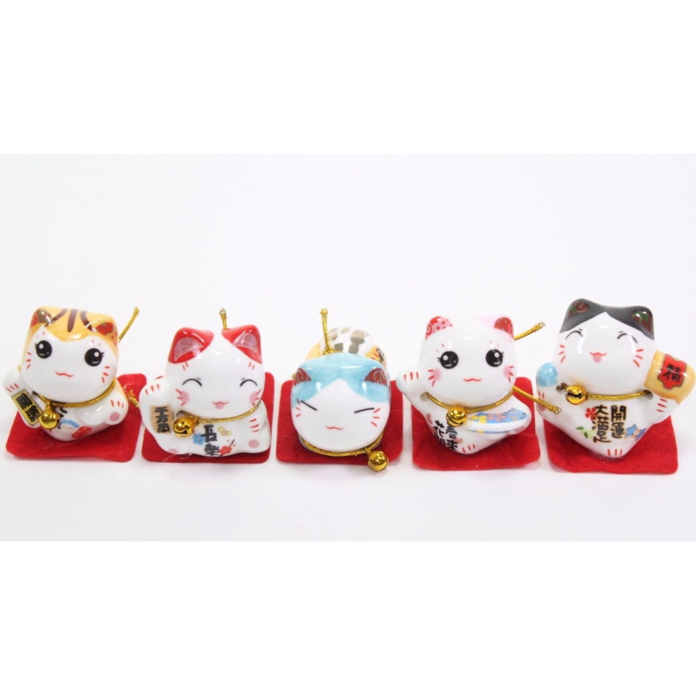 Set of 5 Japanese Cat Figurines Cute Smiley Waving Lucky Fortune Cat US Seller