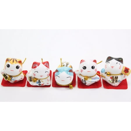 Luck Cat - Set of 5 Japanese Cat Figurines Cute Smiley Waving Lucky Fortune Cat US Seller