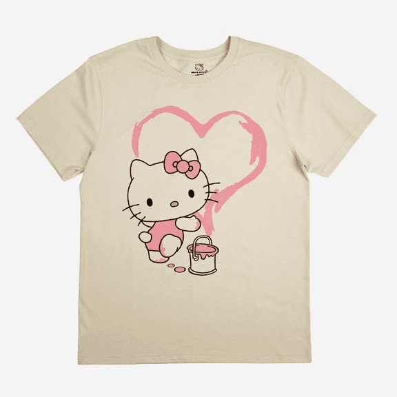 Sanrio Hello Kitty Mens Biege Short Sleeve Pink Heart Graphic Tee Shirt XX-Large