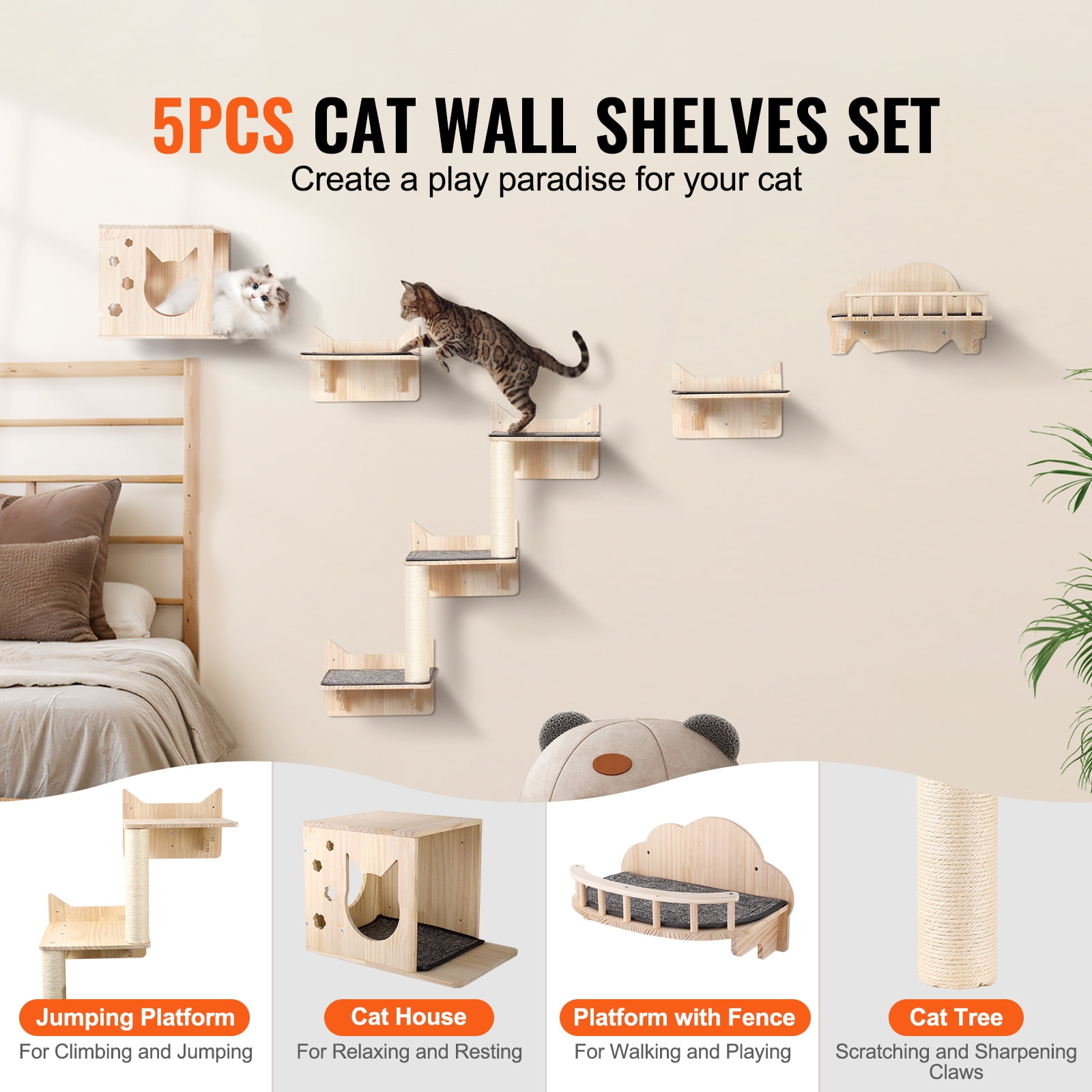 KFFKFF Set of 5 Cat Wall Mounts, Wall-Attached Cat Perches Up to 40 Lbs, Cat Wall Shelves for Resting, Engaging, Ascending