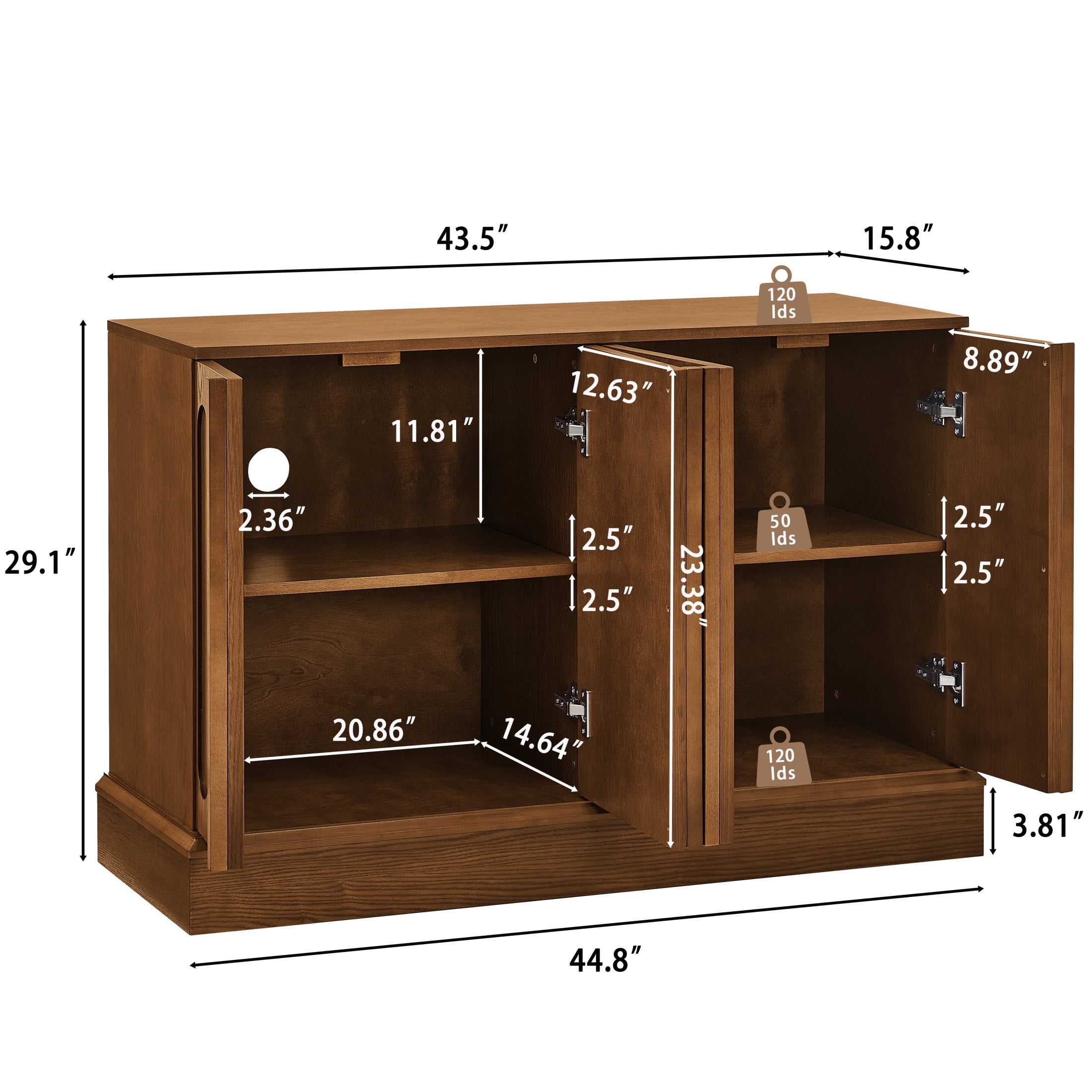 GDF Studio 44.8" Mid Century Modern Fluted Sideboard Cabinet with Adjustable Shelves, Walnut