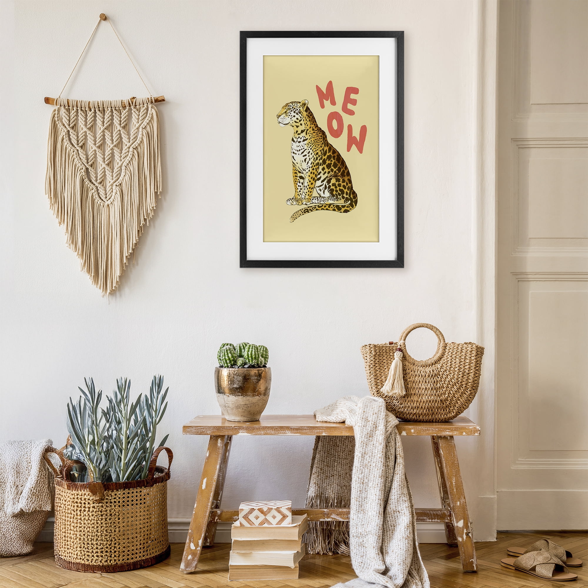 Stupell Industries Meow Leopard on Yellow Black Framed Print Under Glass, design by Florentina Dolci
