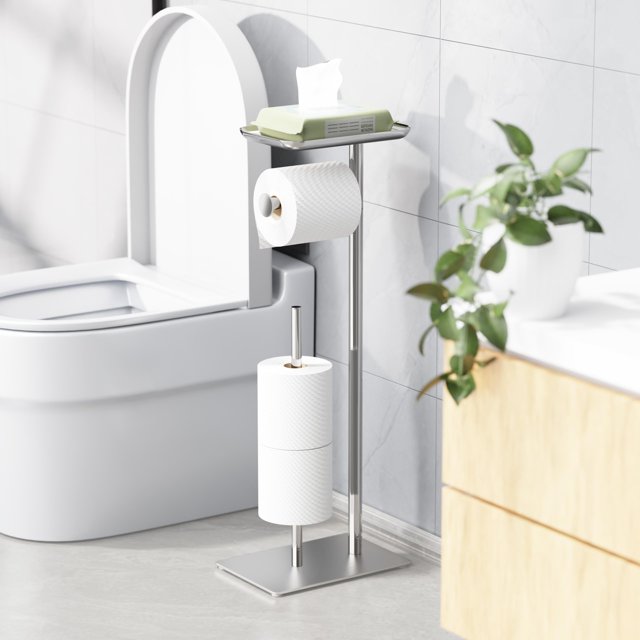 Soporte para papel higiénico Josmimic con almacenamiento en el estante superior