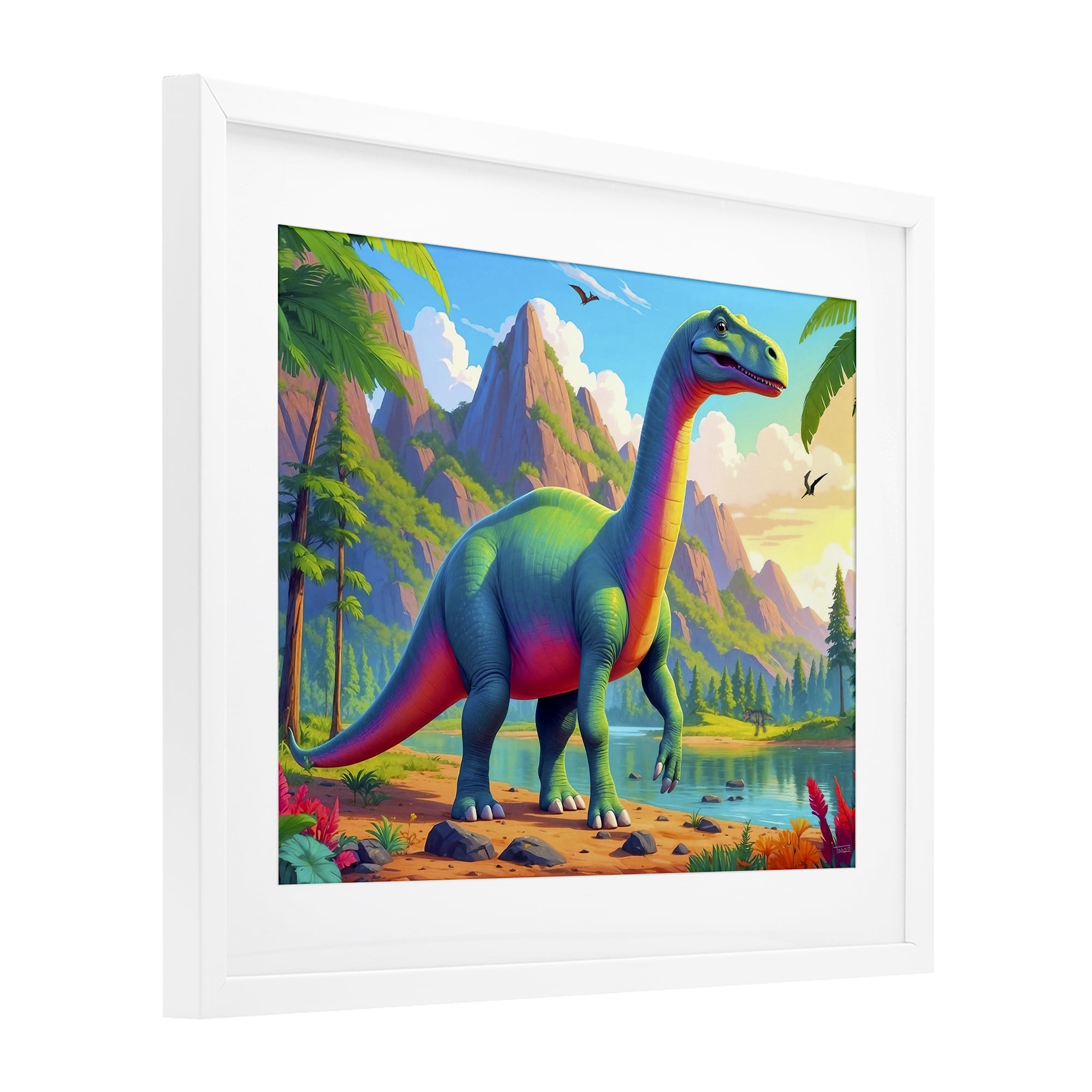 Stupell Industries Vibrant Brontosaurus by River White Framed Print Under Glass, design by Tabz Jones