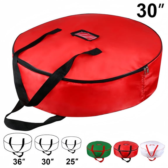 36" Large Wreath Storage Bag - Heavy-Duty Container, Christmas Ornament Storage, Zippered Holiday Cover, Red