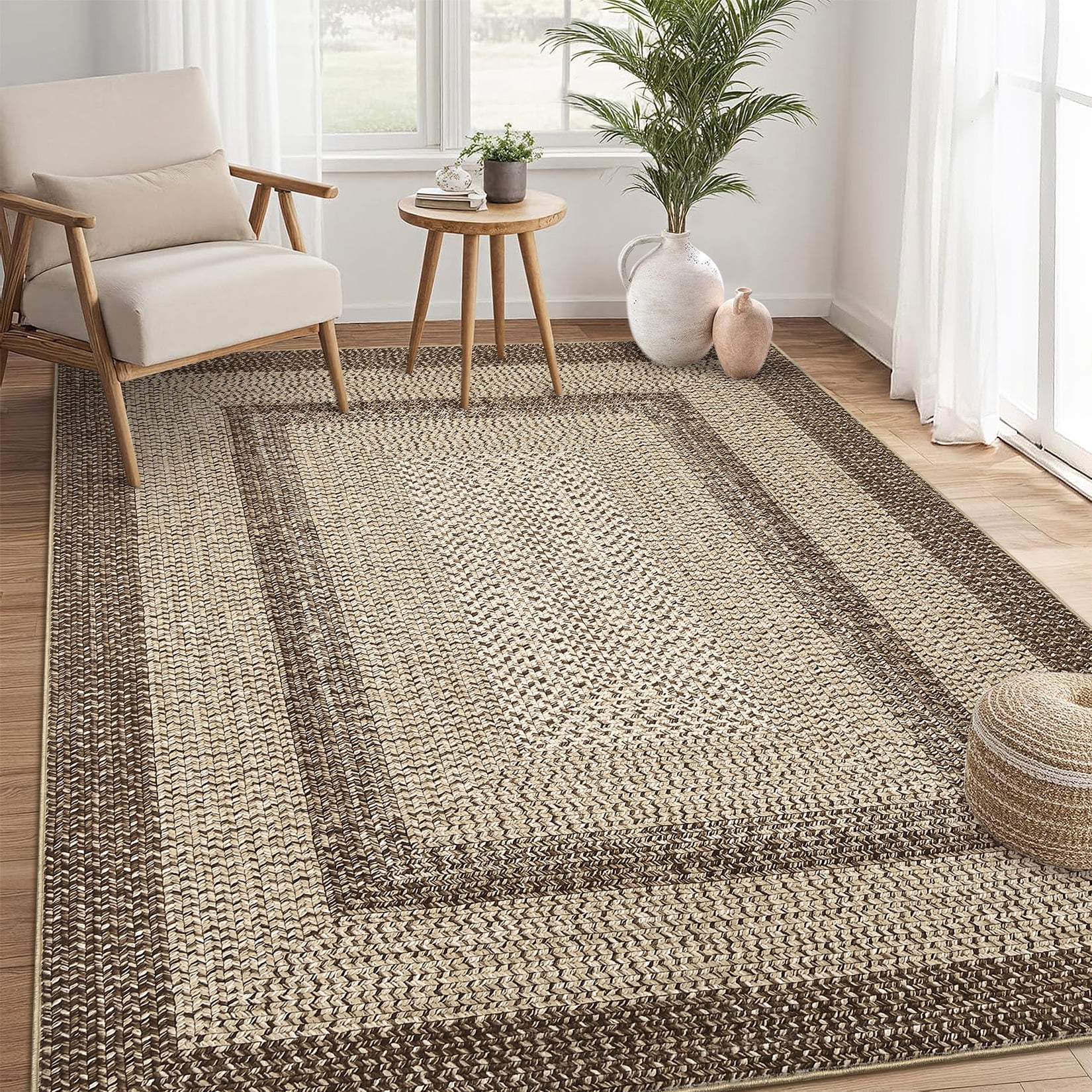 Garvee 9'x12' Printed Braided Rugs Farmhouse Bordered Carpet, Machine Washable Indoor Area Rug Non-Slip Low Pile Rugs for Living Room Bedroom Home Decor, Natural