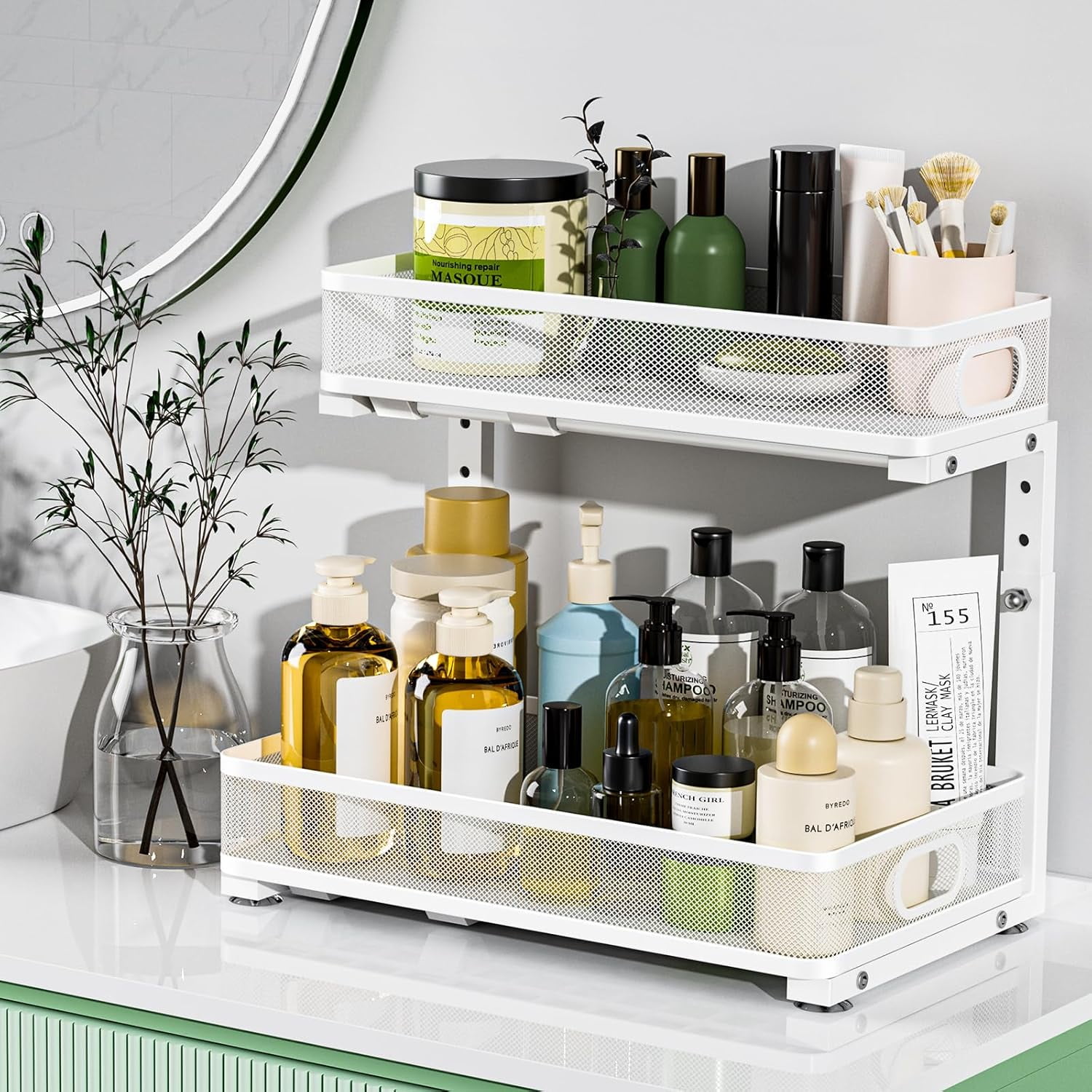 Under Sink Organizer 2 Pack, High Adjustable 2 Tier Under Sink Organizers and Storage, Slide out Metal Cabinet Organizers, Pull out Storage Drawer Shelf for Kitchen Bathroom Cabinet