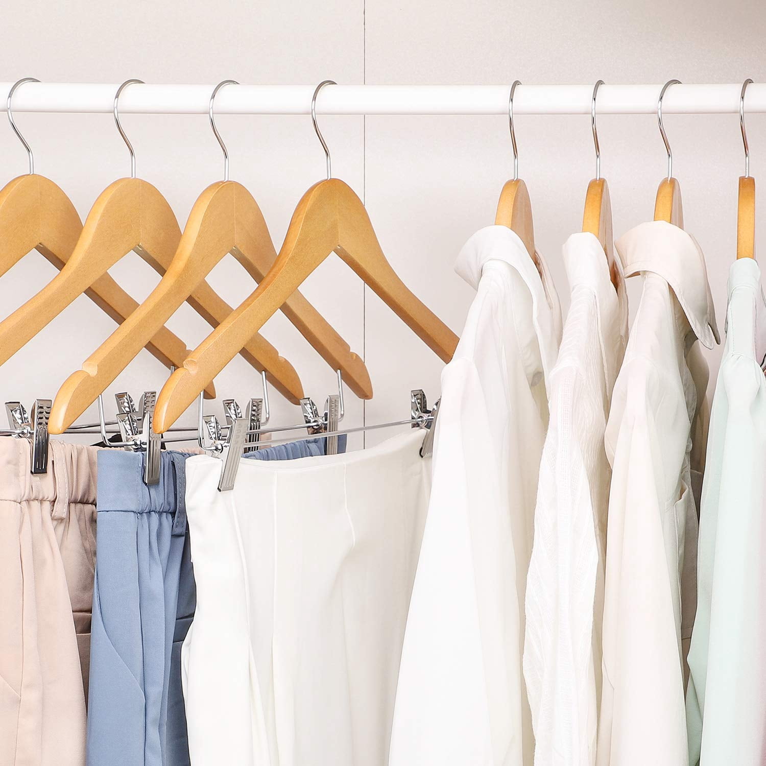 ACSTEP Wooden Hanger with Clips 12 Pack, Premium Coat Hanger, Wooden Clothing Hanger with Shoulder Grooves, 360 Degree Rotatable Hook, Natural