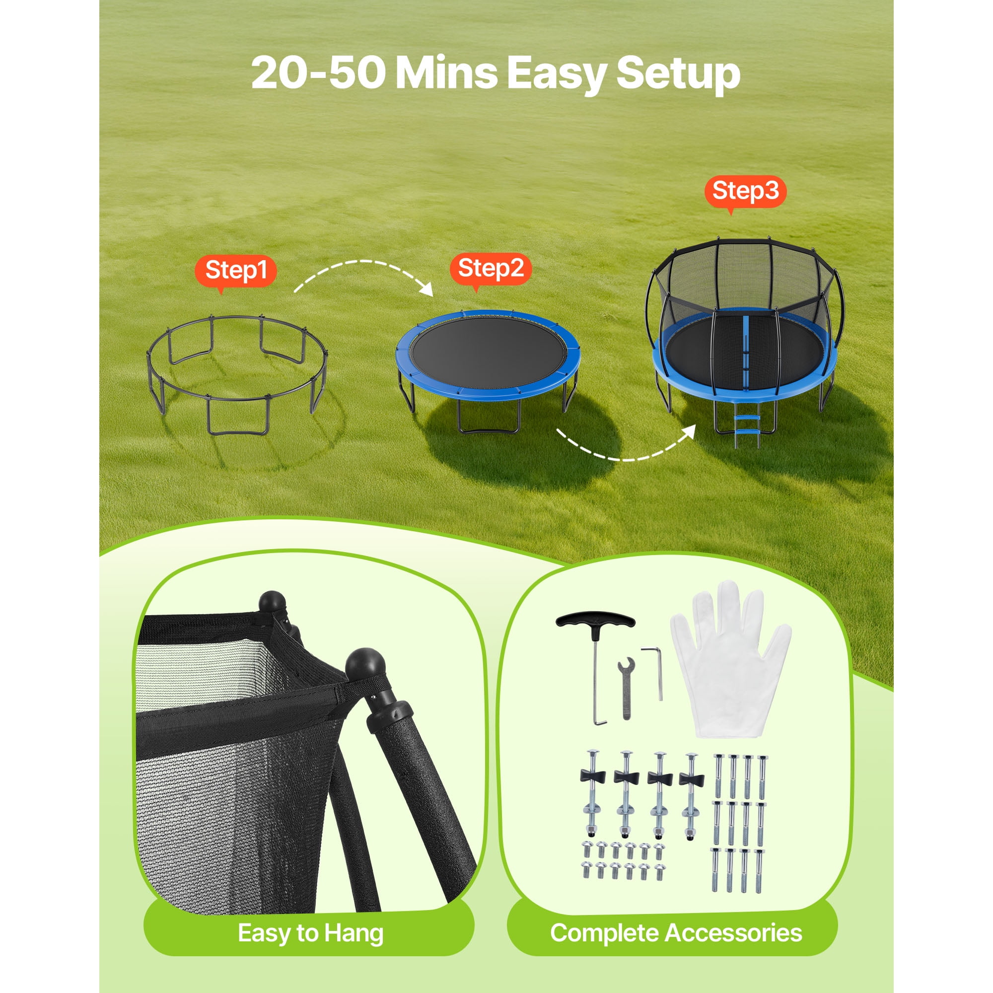 KFFKFF 16FT Outdoor Recreational Trampoline with Safety Enclosure Net, Durable Padding, ASTM Certified, Supports Up to 475 lbs, Rust-Resistant Design for Backyard Fun