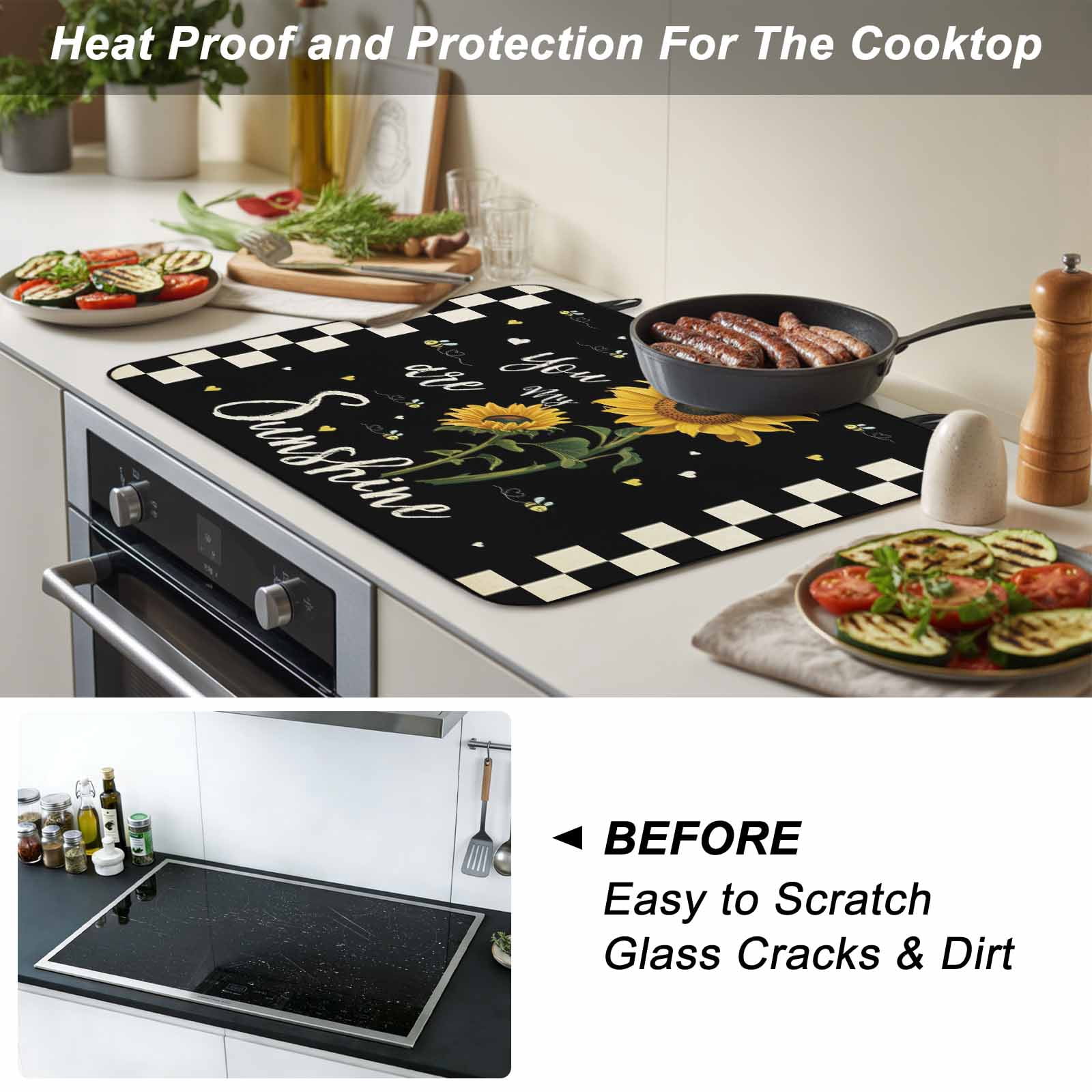 Sunflower Vingra Stove Top Cover for Electric Stove, Heat-proof & Non Slip Glass Top Stove Cover Protector, Farmhouse Garden Floral Bees Plaid Kitchen Flat Cooktop Rubber Mat 24x21 Inches