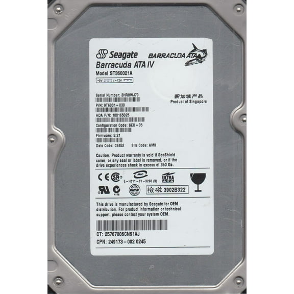 ST360021A, 3HR, AMK, PN 9T6001-030, FW 3.21, Seagate 60GB IDE 3.5 Hard Drive