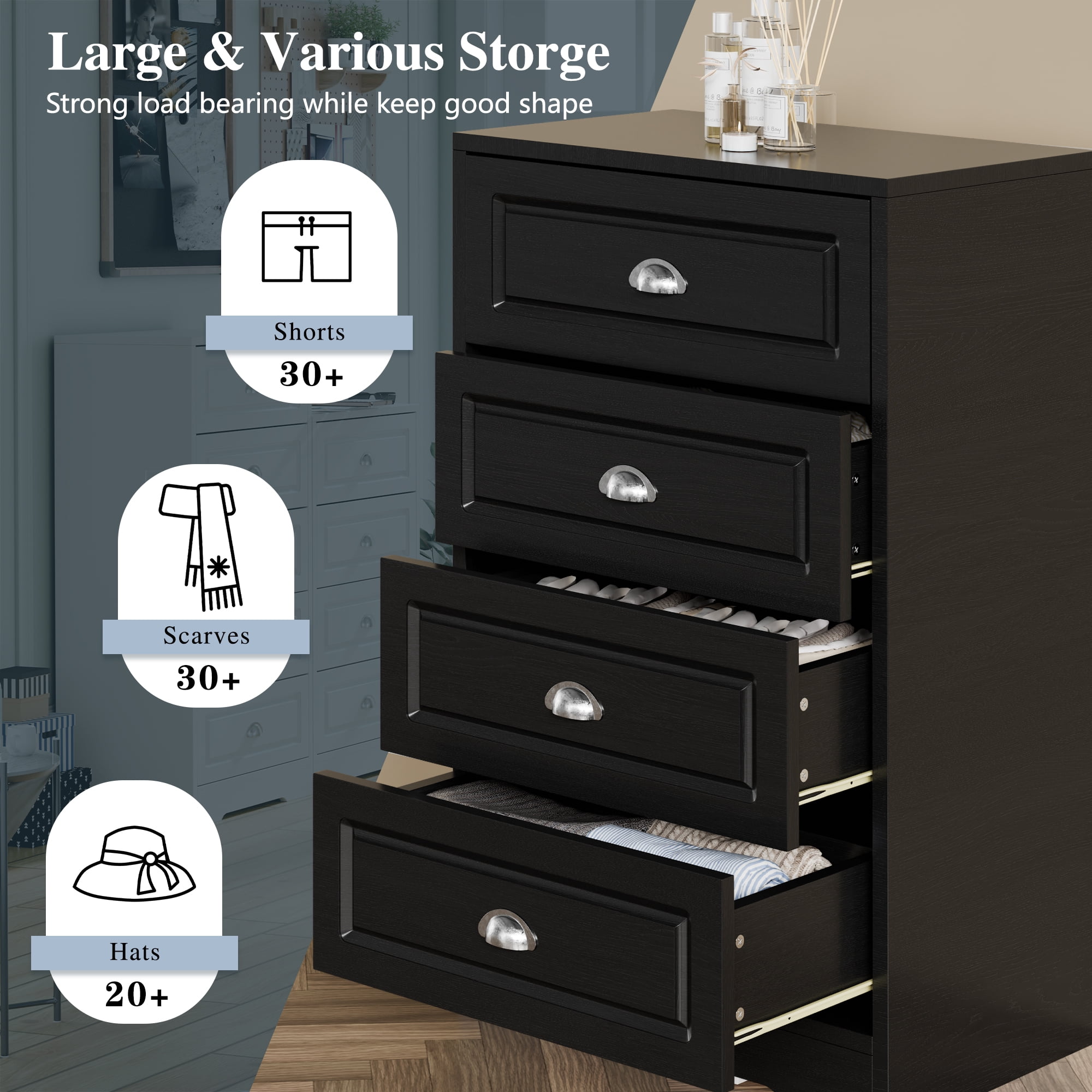 Walsunny 4 Drawer Dresser for Bedroom, Modern Wood Chest of Handle-Drawers, Storage Cabinet Organizer, Wooden Dresser for Bedroom Living Room Closet Entryway, Black