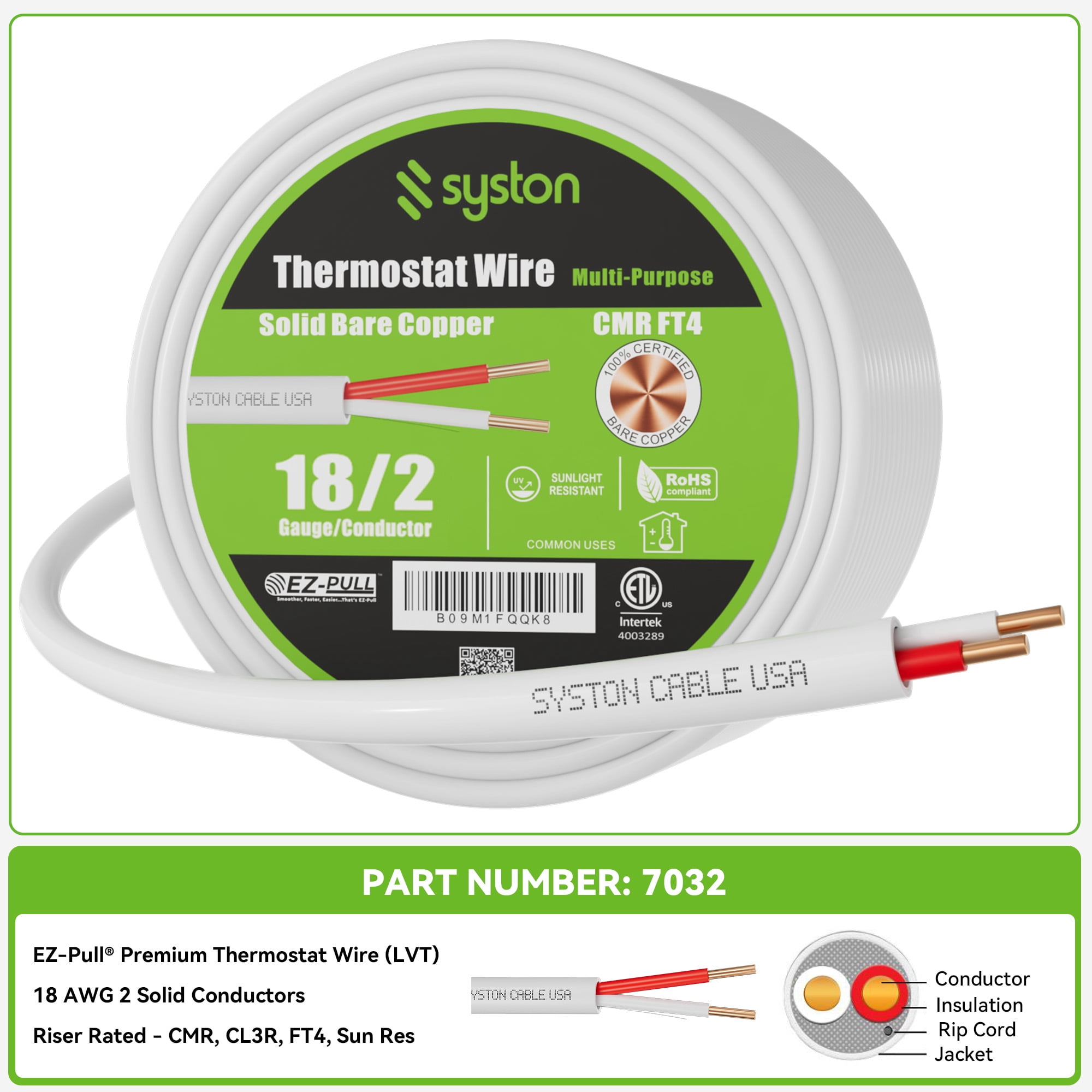 Syston 18/2 Thermostat Doorbell HVAC Heating Control Cable Wire, 18 AWG 2 Conductors 100% Solid Copper Conductors CL3R/FT4/CMR Riser-Rated, UV Resistant RoHS for Low Voltage Applications Use - 250 FT
