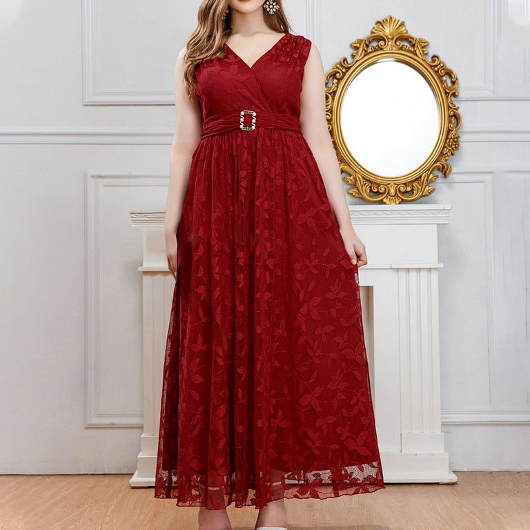 Mrat Formal Dresses for Women, Plus Size Embroidered Lace Maxi Dress Sleeveless V-Neck High Waisted Wedding Guest Party Dresses Business Dress Red 4XL