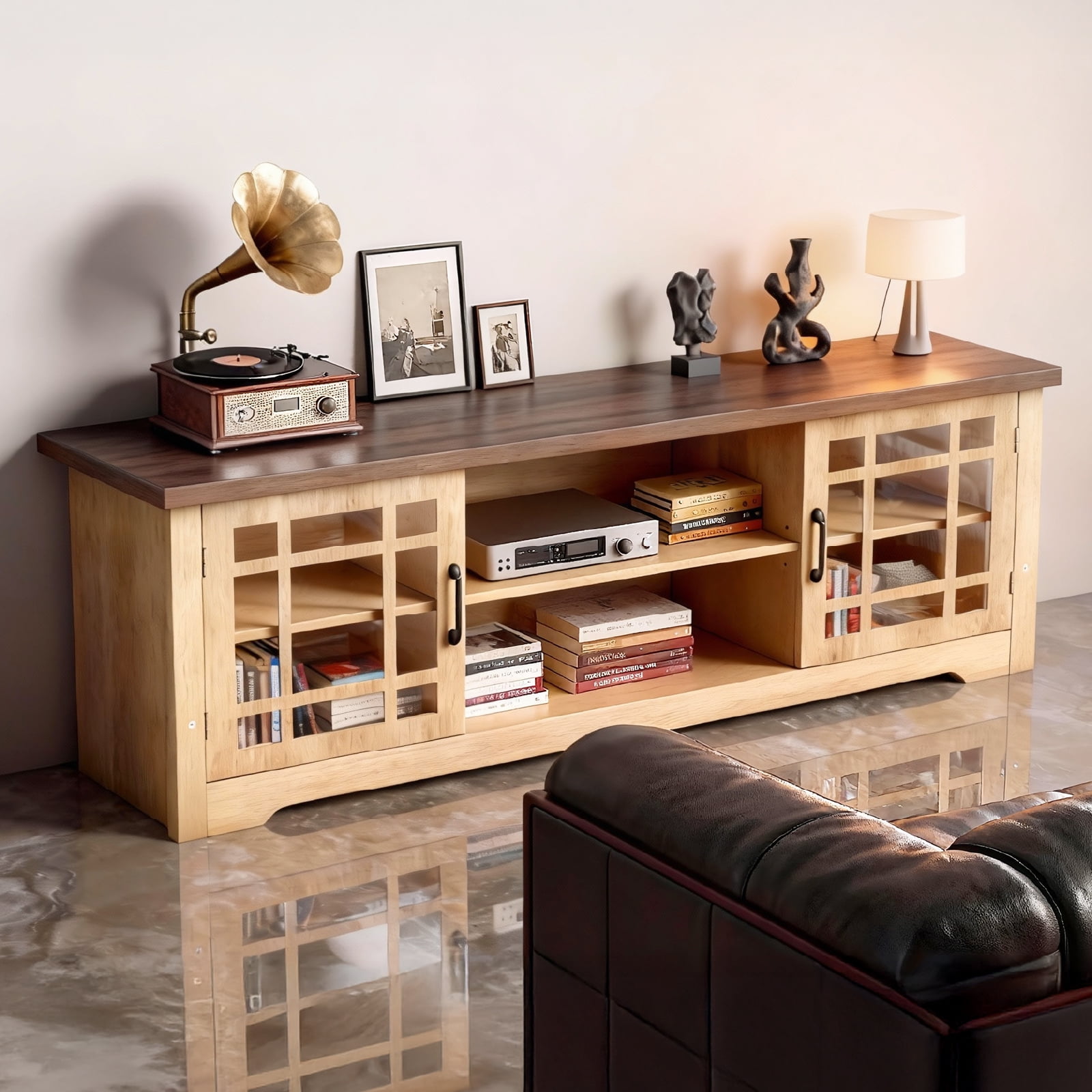 Ktaxon Farmhouse TV Stand with 2 Glass Door, Mid-Century Wood Storage Media Cabinet Entertainment Center for TVs up to 65", Wood and Brown Top