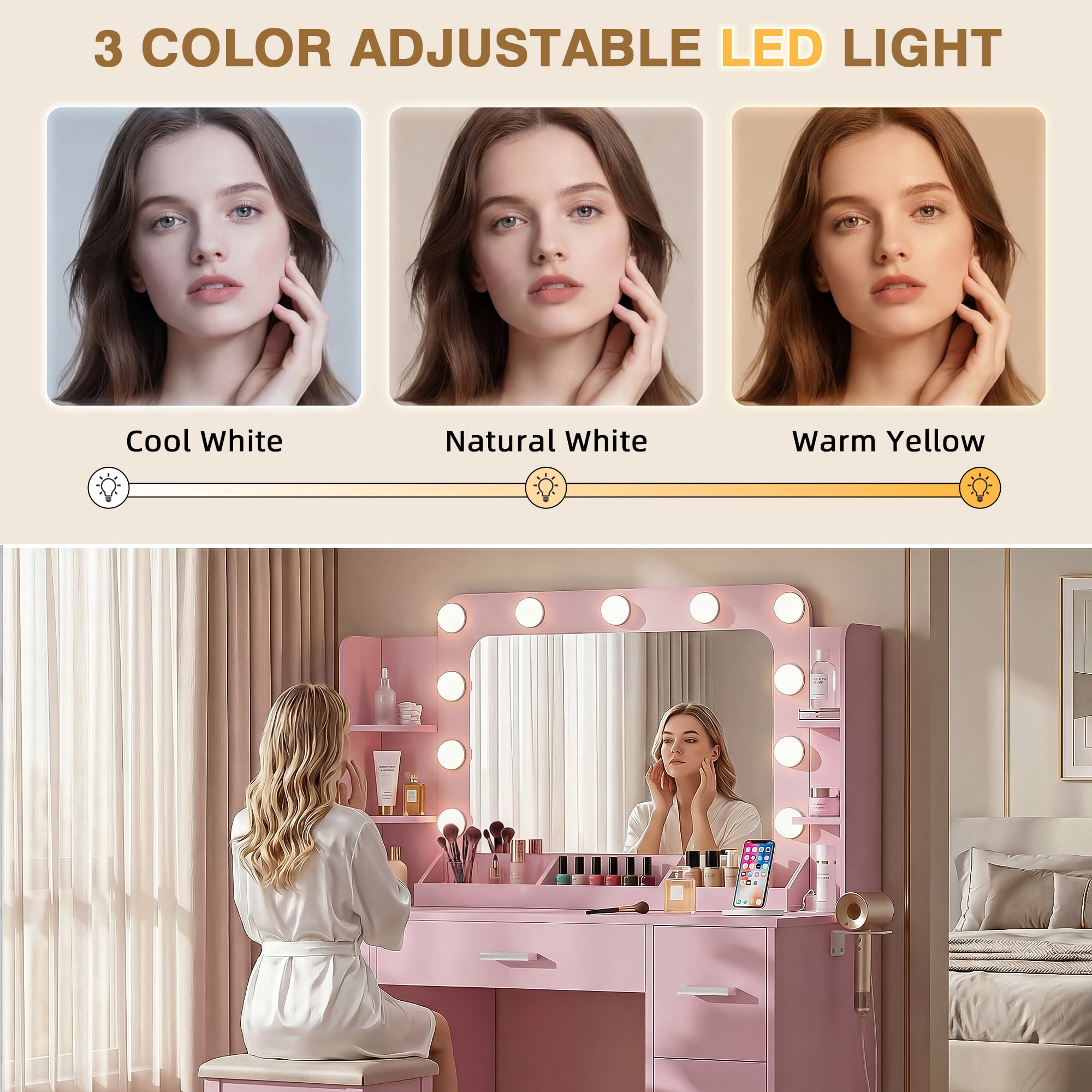 Homall Vanity Desk with Lights & Mirror, Makeup Vanity Set with Power Outlet & Storage Drawers Shelves for Bedroom, Pink