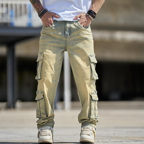 Reppunk New Men Jeans Trousers Male Stylish Vintage Streetwear Solid color Baggy Carpenter Multiple pockets Cargo Straight Denim Pants Menswear Beige