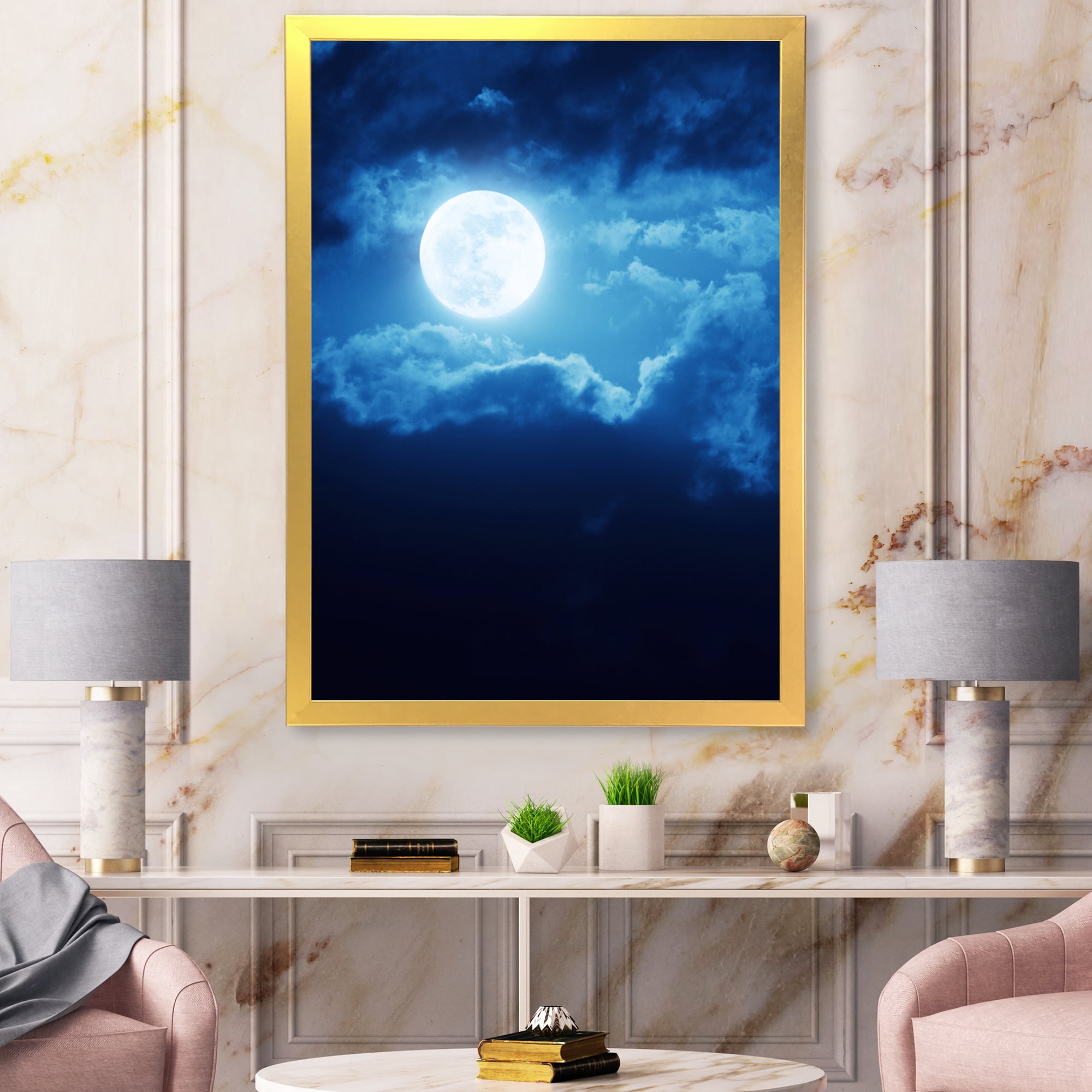 Designart 'Full Moon Night in Cloudy Sky III' Nautical & Coastal Framed Art Print