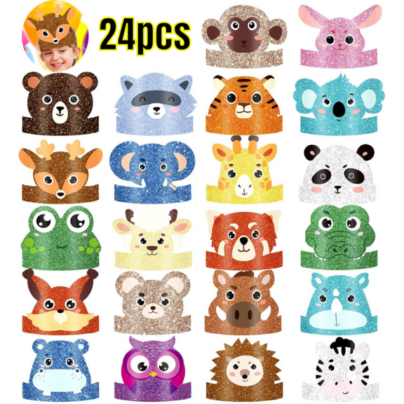 24 Pcs Animal Birthday Party Hats Animal Headbands Jungle Safari Animal Paper Party Crown for Girls and Boys (Assorted Animals)