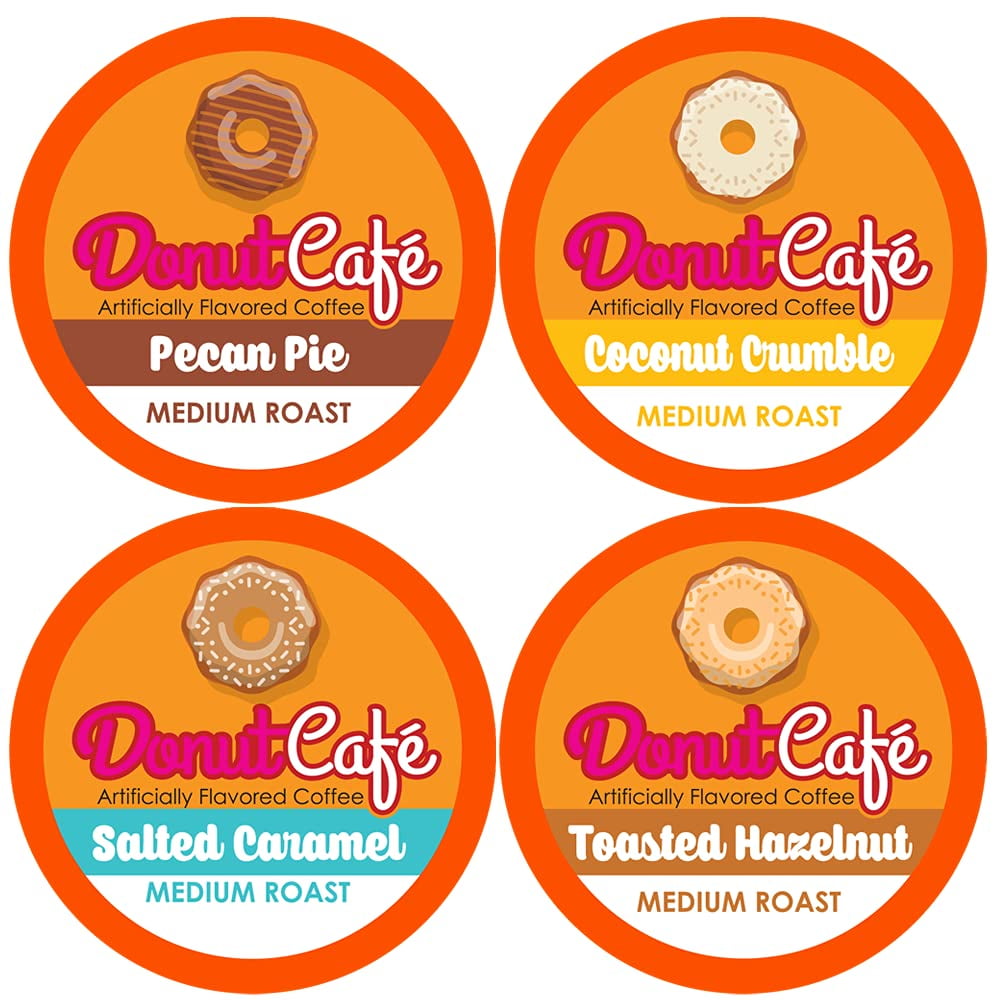 Donut Cafe Single Serve Coffee Pods Flavored Variety Pack (Pecan, Coconut, Salted Caramel, Hazelnut) 80 Ct