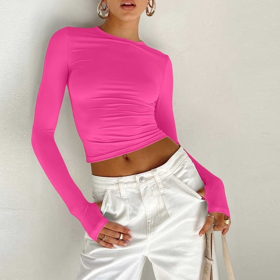 HLKJKLS Long Sleeve Shirts For Women Crewneck Double Lined Side Ruched Long Sleeve Crop Top Slim Fit Casual Tee Pink S-L