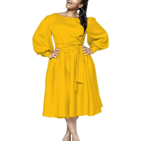 Women's Pleated Loose Swing Casual Dress Knee Length Flowy Work Wrap Dress