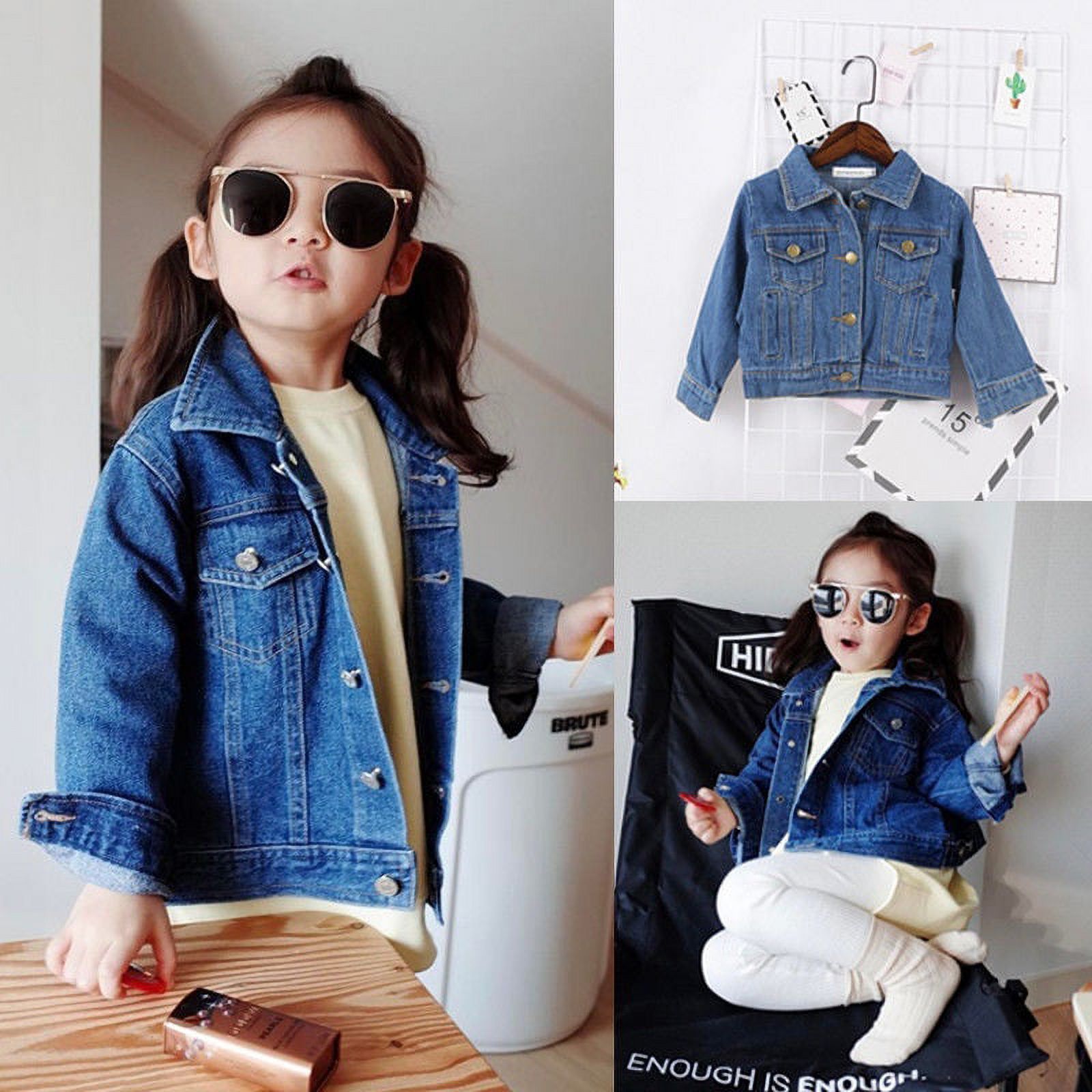 Girls Fall Jeans Jacket Long Sleeve Pocket Denim Jacket Coat Children Age 1-6Y - image 3 of 5