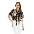 thumbnail image 3 of Women's Hawaiian Tie Front Crop Top Aloha Shirt in Hibiscus Black S, 3 of 5