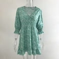 thumbnail image 3 of MORTTIC Women's Floral V-Neck Smocked Boho Flowy Mini Dress with Elastic Waist for Spring Summer Fall Green，S, 3 of 5