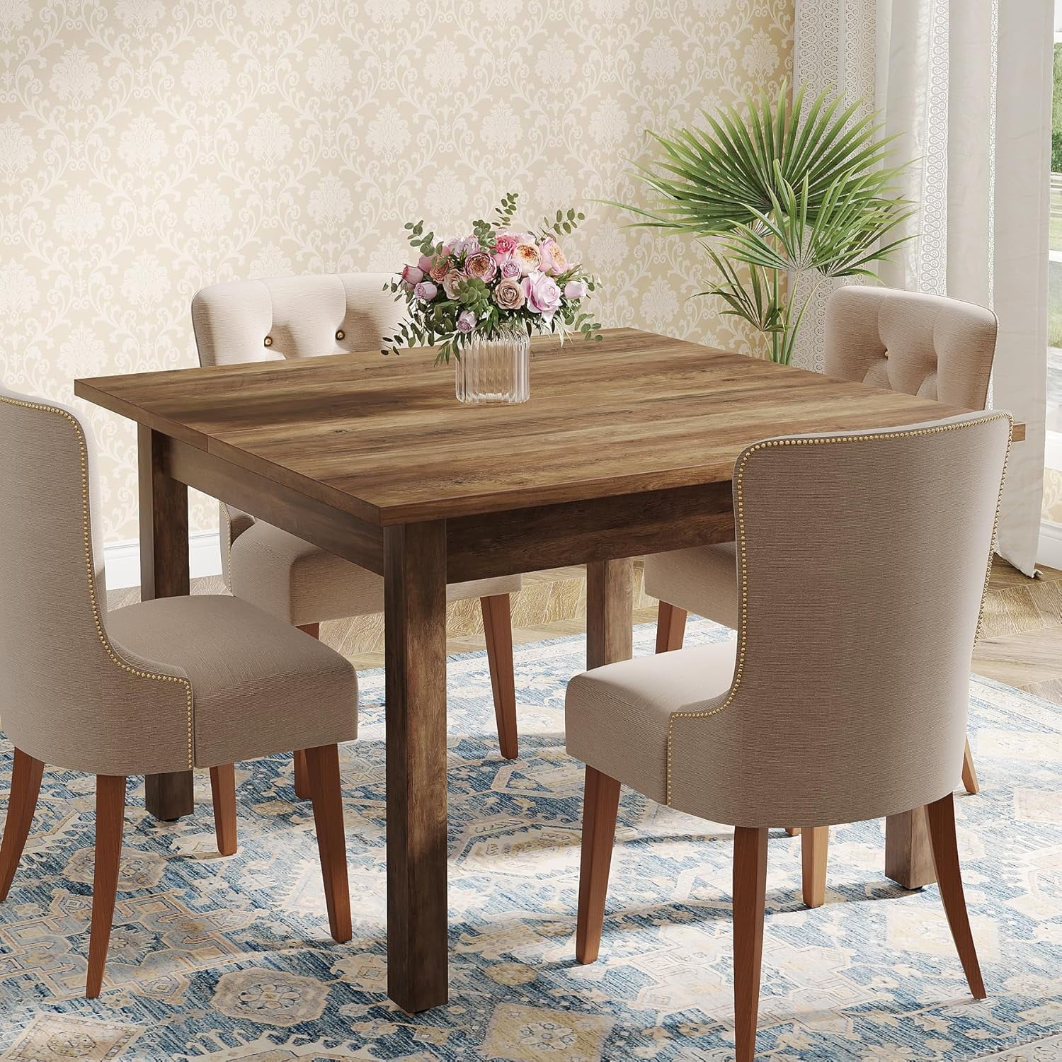 Finmind 39.4 Inches Square Dining Table for 4 People, Wooden Kitchen Table Small Dinner Table with Oak Finish Top and Solid Wood Legs, Grayish-Brown (Only Table)