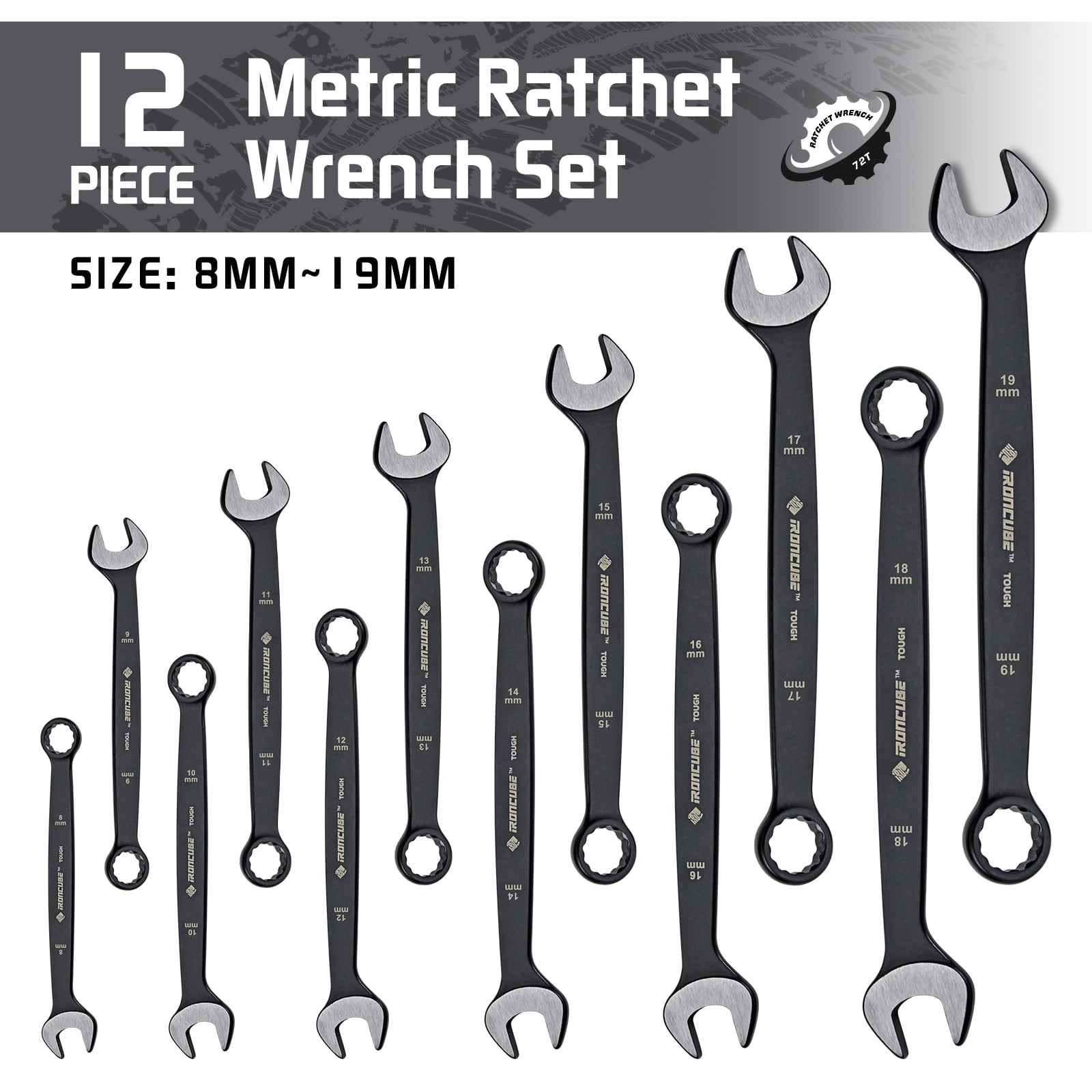 IRONCUBE Combination Wrench Set, Tough Black , 12-Piece Metric 8-19mm, Wax Canvas Storage Bag for Racing Motorcycle Backup Team's Maintenance Tools