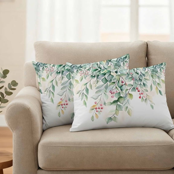 Pack of 2 Outdoor Pillow Covers 20x12 Inch Waterproof Eucalyptus Throw Pillow Covers,Decorative Couch Pillow Shams Protectors Retro Green Spring Botanical Leaf Red Fruit Patio Cushion Pillowcases