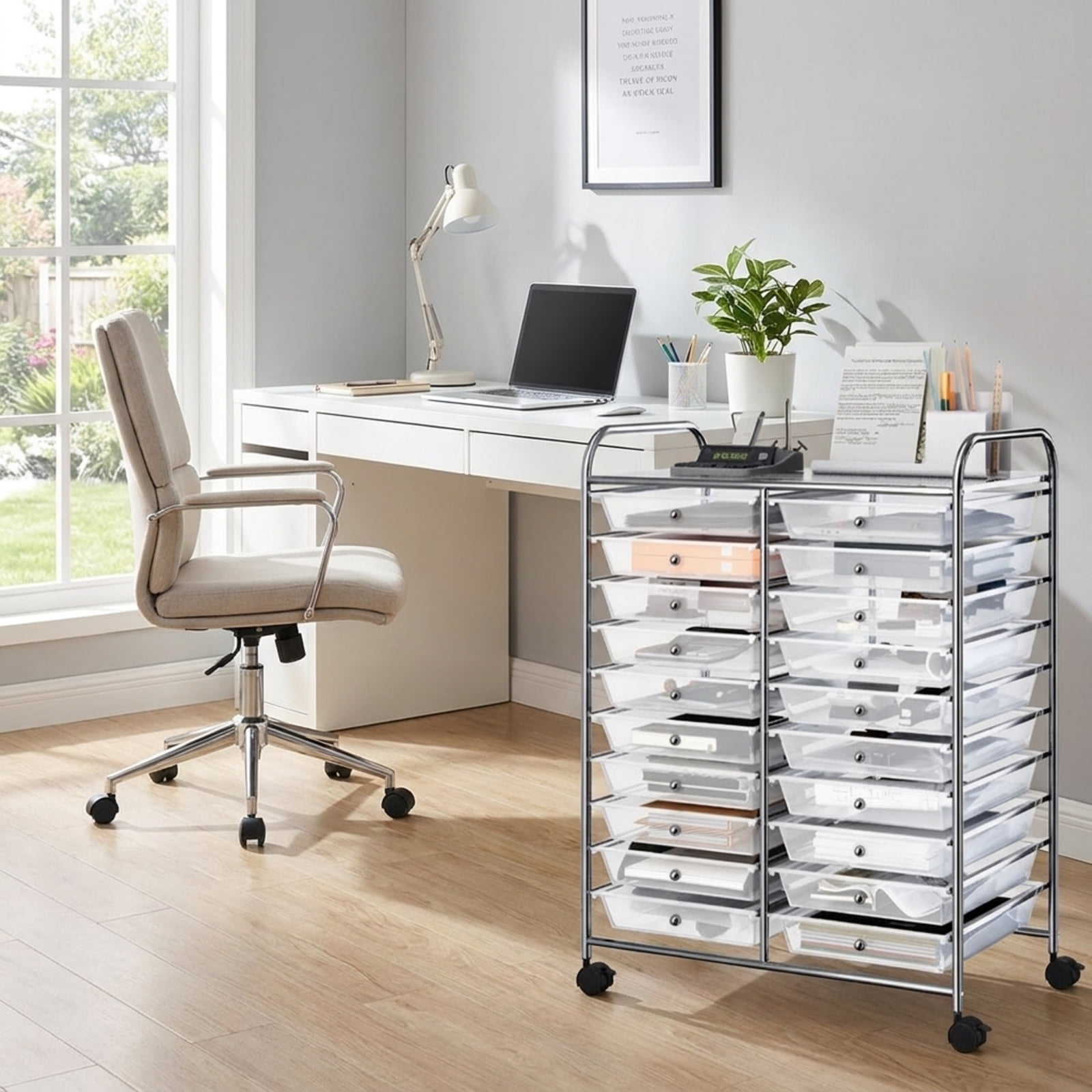 Furnibear Rolling Storage Cart with 20 Removable Drawers and Locking Wheels Metal Utility Cart Studio Organizer for Home Office Craft Room and Classroom, Transparent