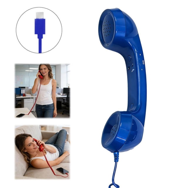 Classic Retro Telephone Handset, Plug-and-Play 0.14 in Audio Jack, Ergonomic Design for Clear Conversations on Mobile & Desktop(Blue glossy surface,Type c)
