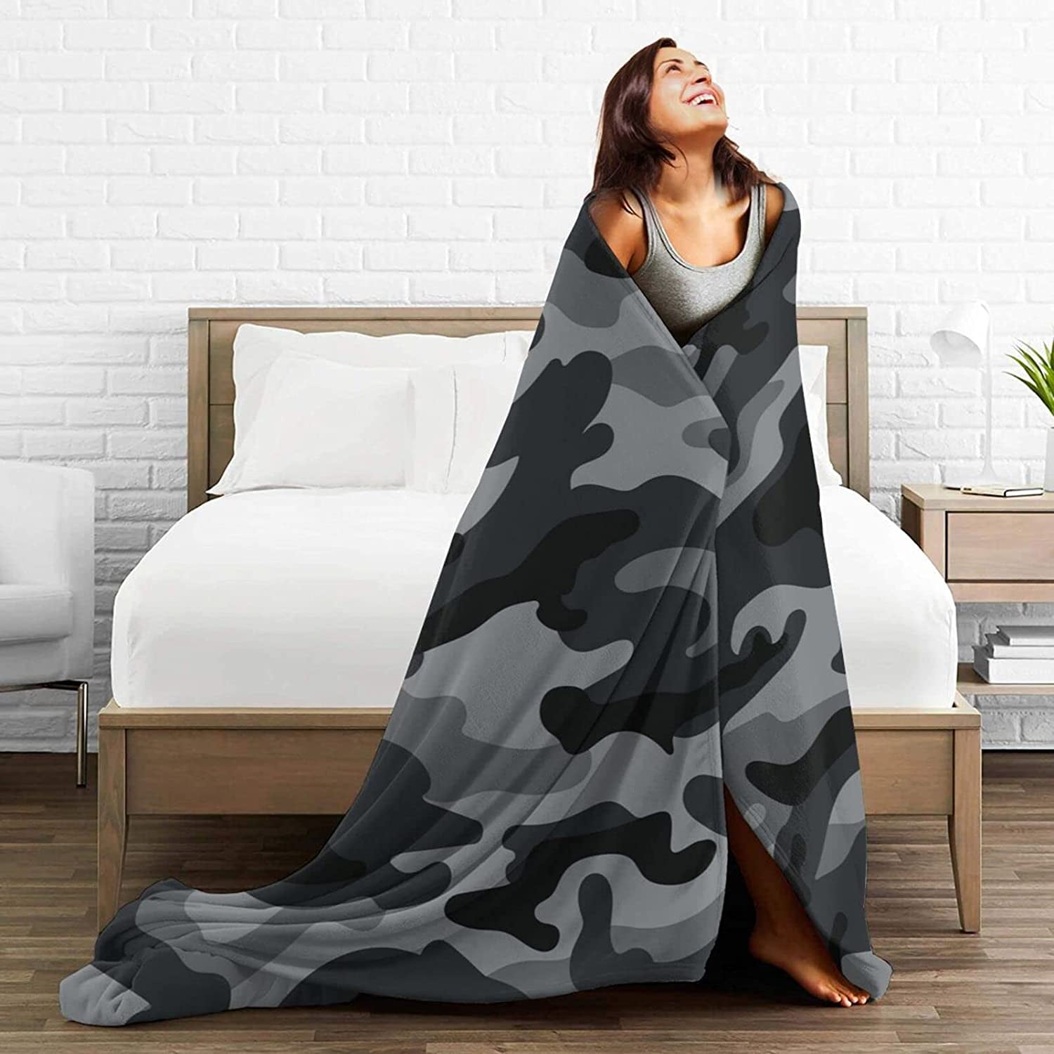 Military Camouflage Pattern Throw Blanket Ultra Soft Warm All Season Black and Grey Camo Decorative Fleece Blankets for Bed Chair Car Sofa Couch Bedroom 80"X60"