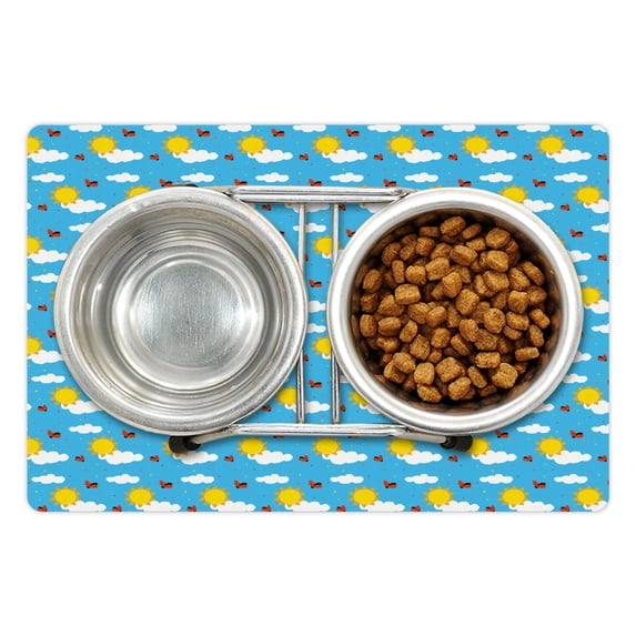 Sky Pet Mat for Food and Water, Sky Cartoon with Fluffy Clouds Sun Ladybugs Flying Childish Summer Inspirations, Non-Slip Rubber Mat for Dogs and Cats, 18" X 12", by Ambesonne