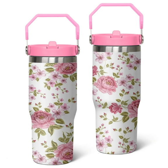 30oz Pioneer Stainless Steel Tumbler with Top Handle,Colorful Floral VintageTravel Coffee Mug Flip Straw Cup,Gifts for Women Girls Men Adults(pink)